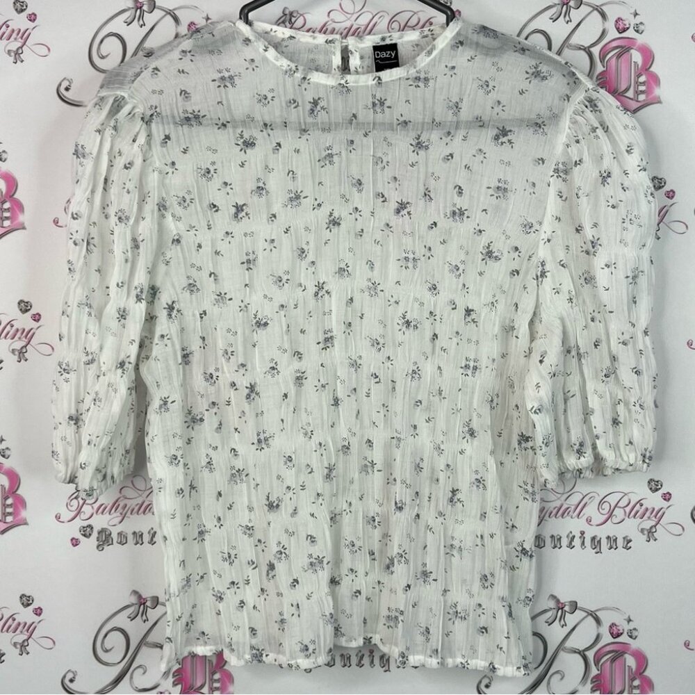 Dazy blouse pleated flowers bubble sleeve Floral White Blouse